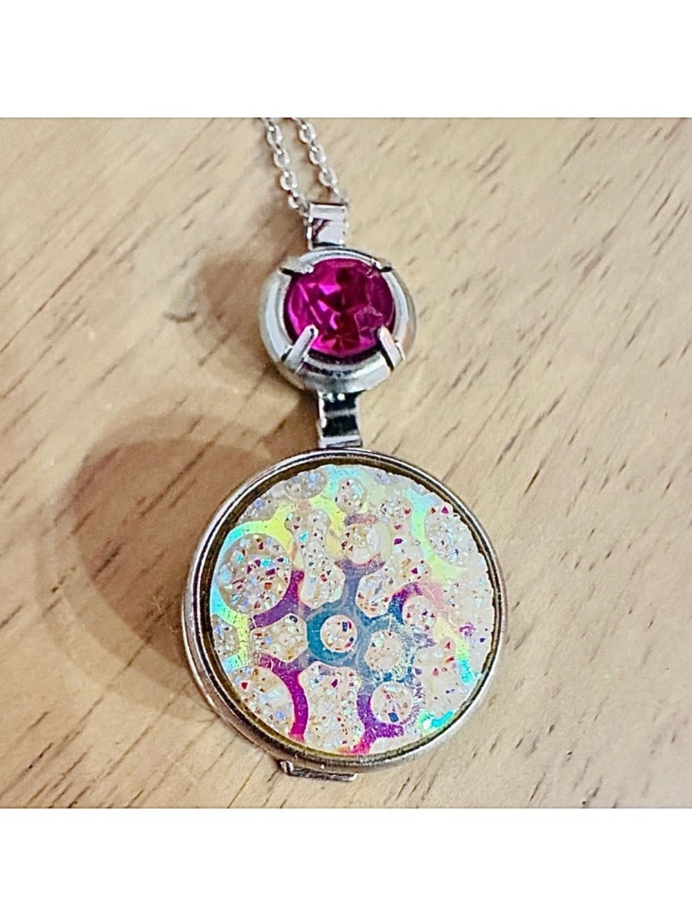 PENDANT ~ Iridescent Pink Hues Pendant w/Intricate Circles and Glitter Accents